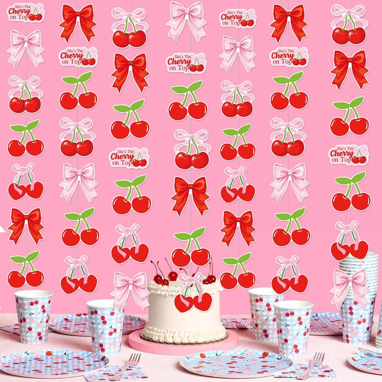 Summer Cherry Party Decorations, She's The Cherry On Top Theme Hanging Swirl,Cute Summer Red and Pink Cherries Foil Swirls for Birthday Baby Shower Wedding Bridal Shower Girls